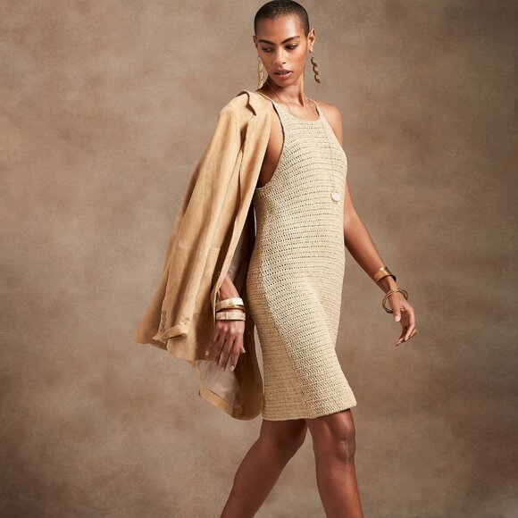 Banana Republic Khaki Crochet Mini Dress Size Large Tall - Picture 1 of 11
